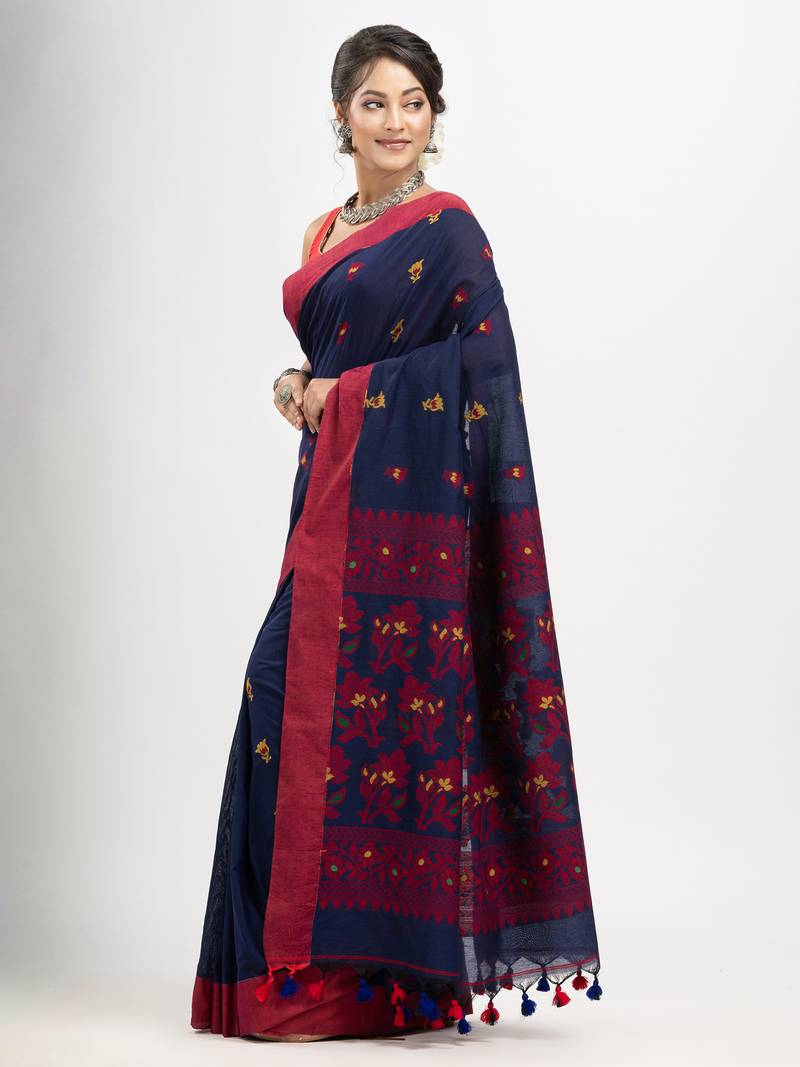 Nevy Blue cotton all body buti with kalka pallu and solid broder handloom jacquard saree