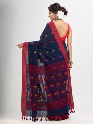 Nevy Blue cotton all body buti with kalka pallu and solid broder handloom jacquard saree 4