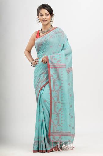 Electric Blue cotton jacquard jamdani saree