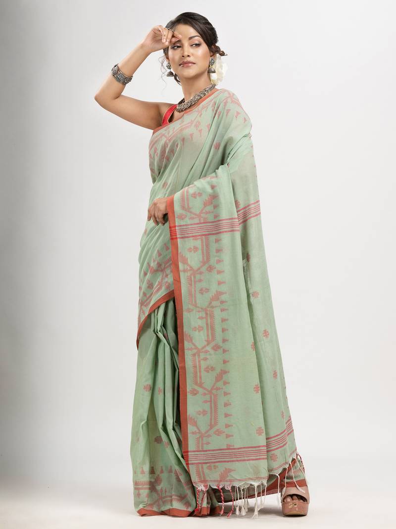Sage Green cotton jacquard jamdani saree
