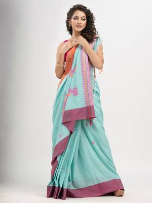 Turquoise (Tute) cotton all body buti with kalka pallu and ganga jamuna solid broder jacquard saree 1