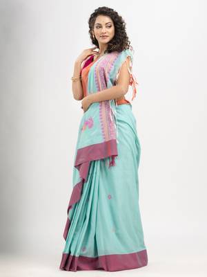 Turquoise (Tute) cotton all body buti with kalka pallu and ganga jamuna solid broder jacquard saree 2