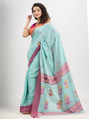 Turquoise (Tute) cotton all body buti with kalka pallu and ganga jamuna solid broder jacquard saree 3