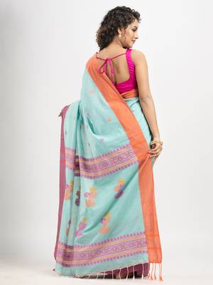 Turquoise (Tute) cotton all body buti with kalka pallu and ganga jamuna solid broder jacquard saree 4