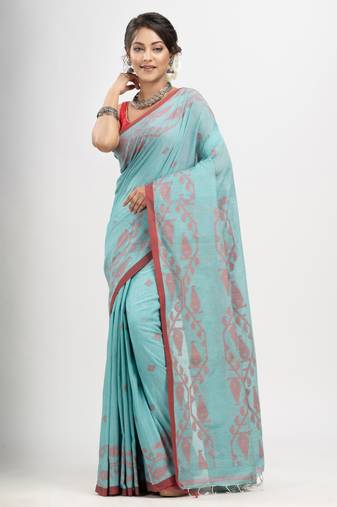 Auqa Blue cotton handwoven jacquard saree
