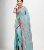 Auqa Blue cotton handwoven jacquard saree