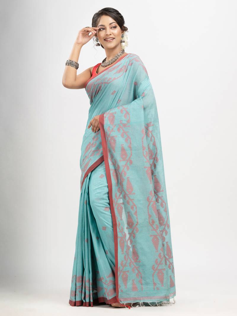 Auqa Blue cotton handwoven jacquard saree