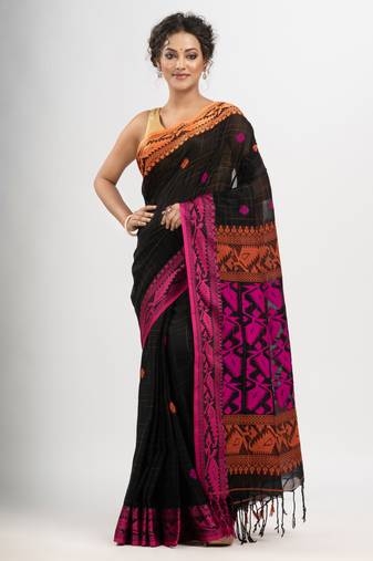 Black cotton all body tai dai with pallu jacquard and ganga jamuna jacquard broder handloom saree