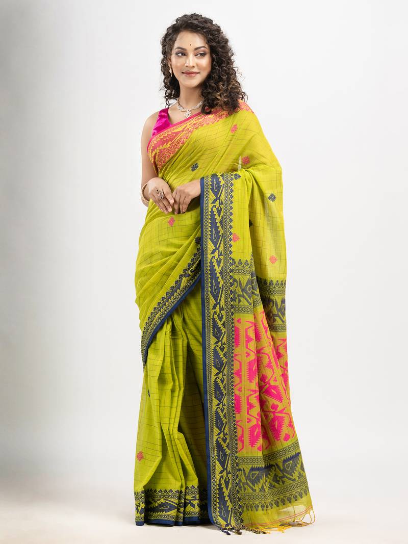 Pear Green cotton all body tai dai with pallu jacquard and ganga jamuna jacquard broder handloom saree