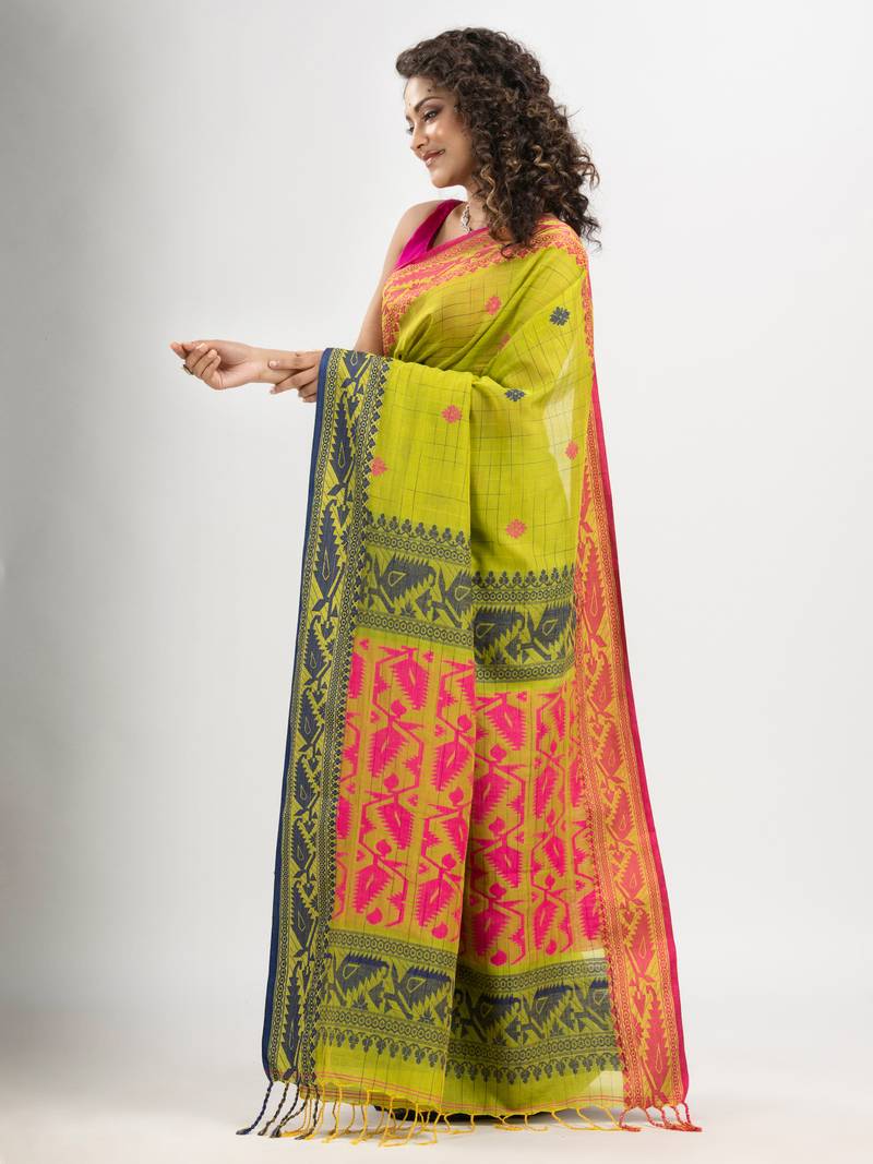 Pear Green cotton all body tai dai with pallu jacquard and ganga jamuna jacquard broder handloom saree