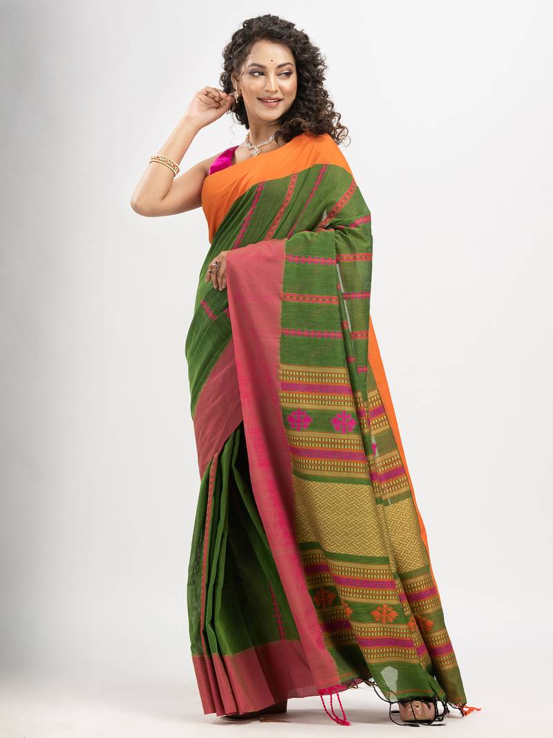 Jungle Green cotton all body jacquard stripe with pallu jacquard and ganga jamuna solid broder handloom saree