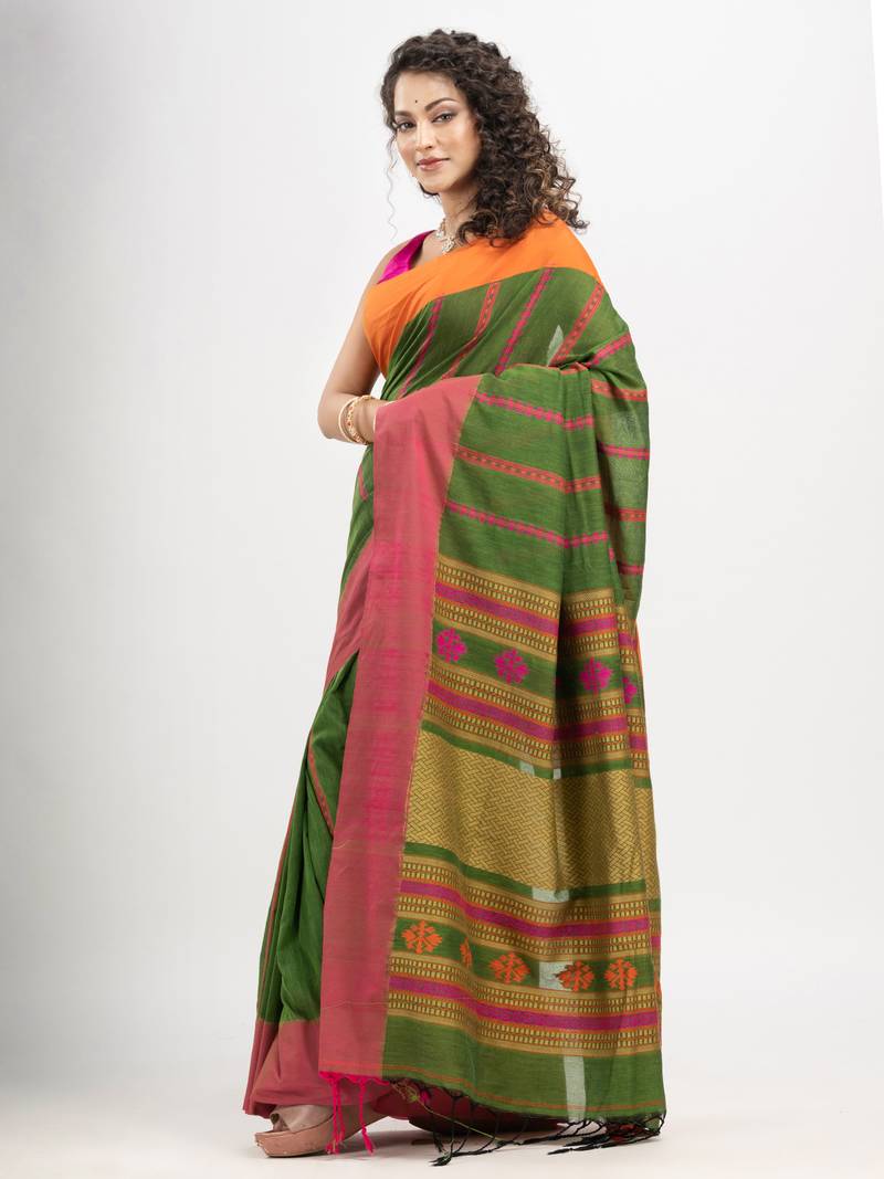 Jungle Green cotton all body jacquard stripe with pallu jacquard and ganga jamuna solid broder handloom saree