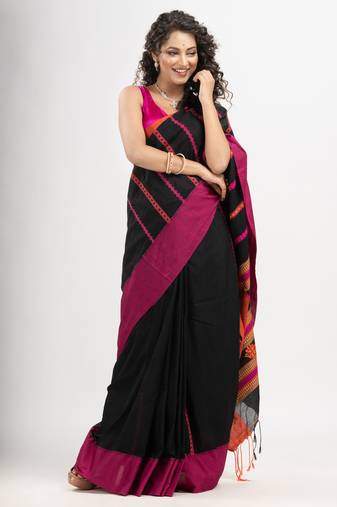 Black cotton all body jacquard stripe with pallu jacquard and ganga jamuna solid broder handloom saree