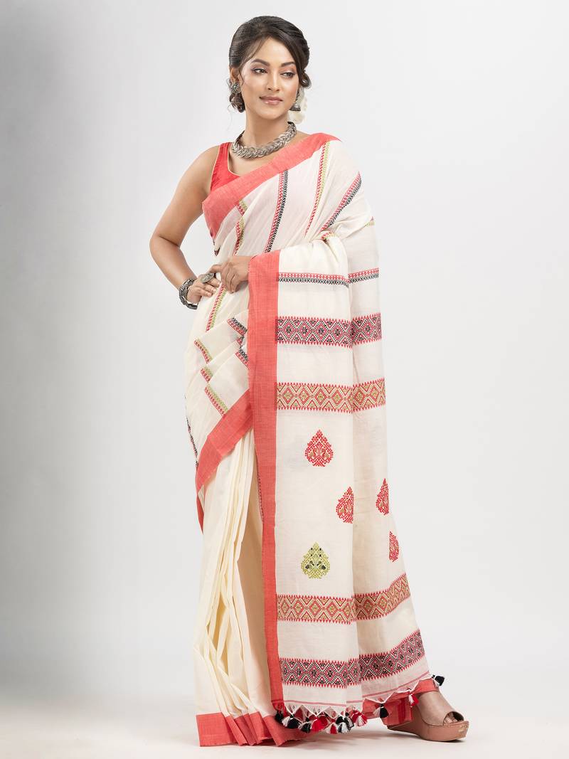 White cotton all body jacquard stripe with pallu jacquard motive and solid broder handloom saree