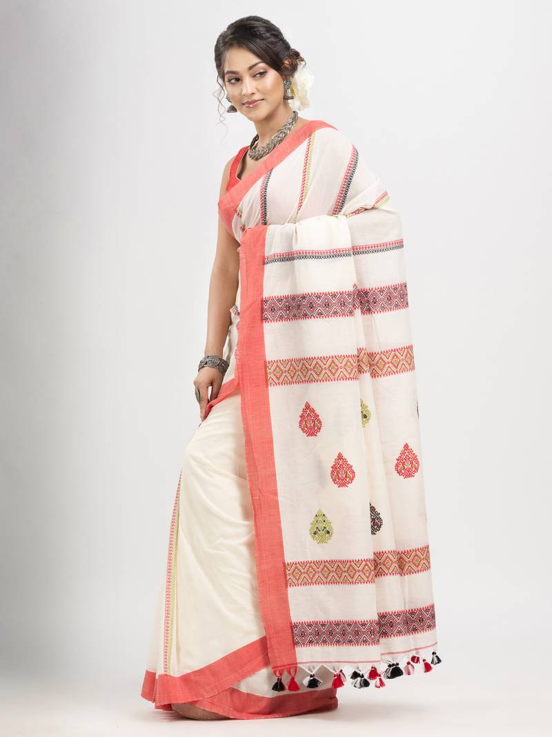 White cotton all body jacquard stripe with pallu jacquard motive and solid broder handloom saree