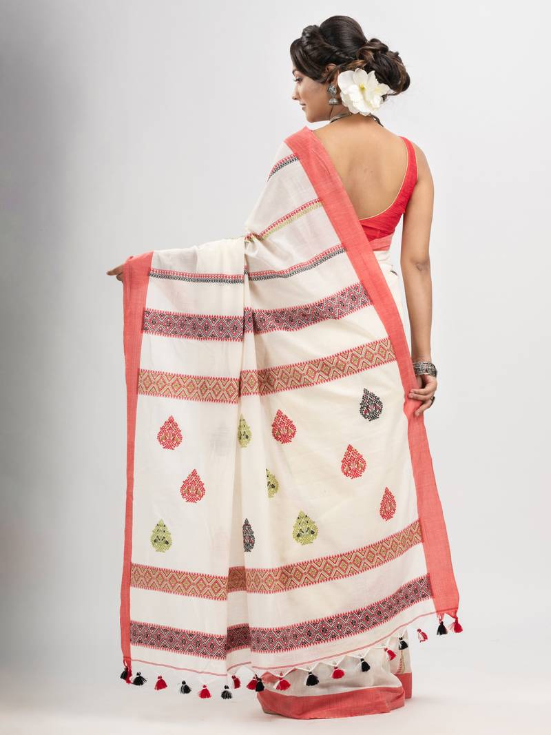 White cotton all body jacquard stripe with pallu jacquard motive and solid broder handloom saree