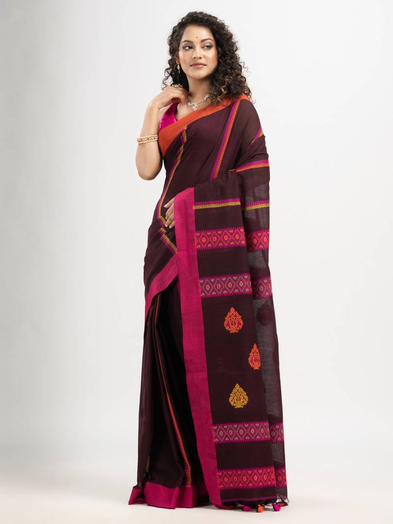 Dark coffee cotton all body jacquard stripe with pallu jacquard motive and ganga jamuna solid broder handloom saree