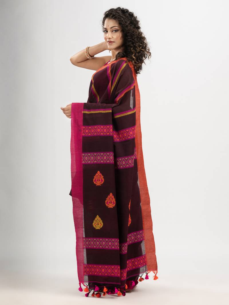 Dark coffee cotton all body jacquard stripe with pallu jacquard motive and ganga jamuna solid broder handloom saree