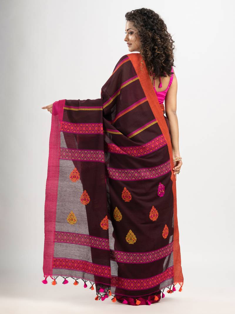 Dark coffee cotton all body jacquard stripe with pallu jacquard motive and ganga jamuna solid broder handloom saree