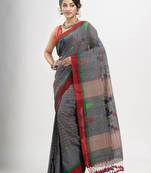 Grey cotton all body check and buti with pallu buti in solid broder handloom saree
