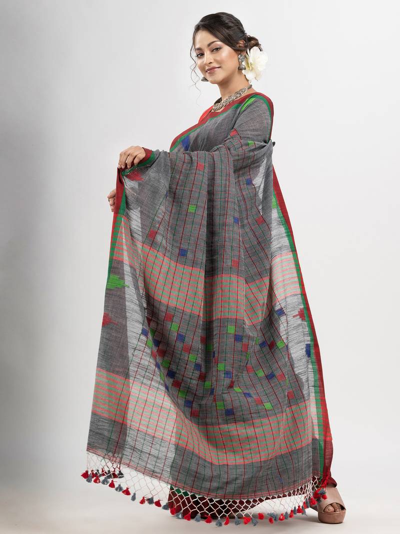 Grey cotton all body check and buti with pallu buti in solid broder handloom saree