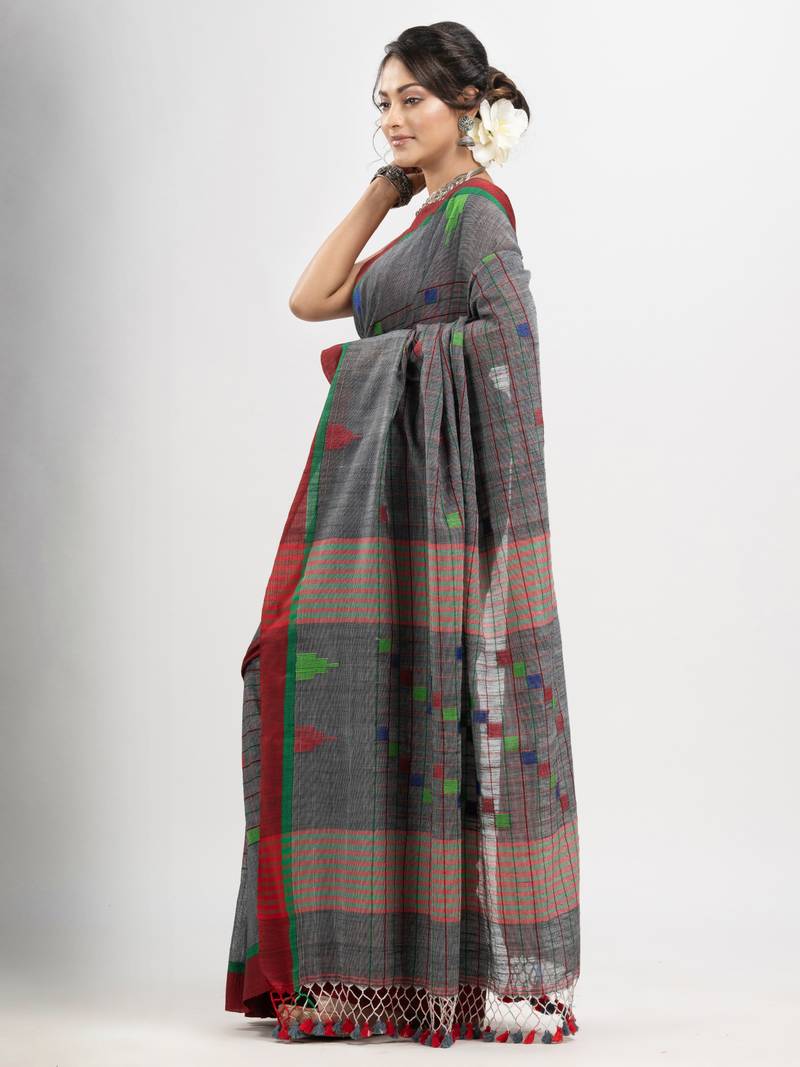 Grey cotton all body check and buti with pallu buti in solid broder handloom saree