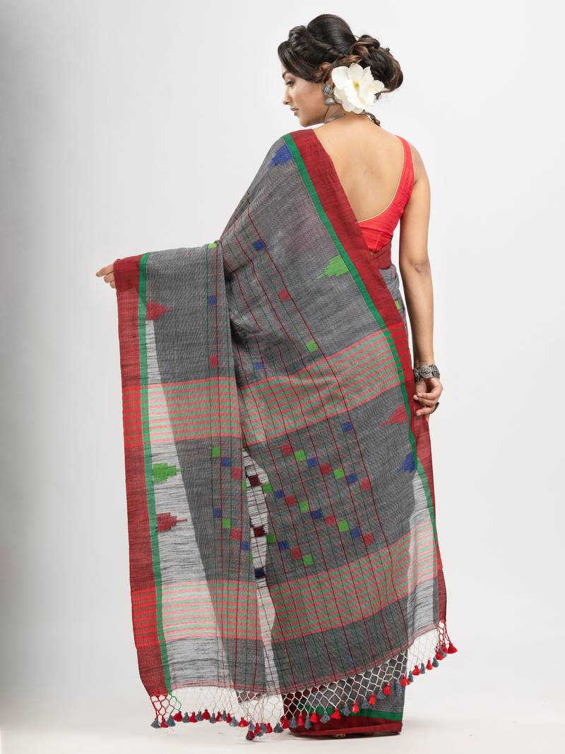 Grey cotton all body check and buti with pallu buti in solid broder handloom saree