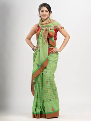 Lime Green cotton all body check and buti with pallu buti in solid broder handloom saree 1