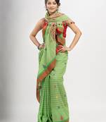 Lime Green cotton all body check and buti with pallu buti in solid broder handloom saree