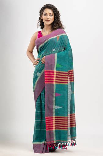 Teal cotton all body check and buti with pallu buti in solid broder handloom saree
