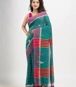 Teal cotton all body check and buti with pallu buti in solid broder handloom saree