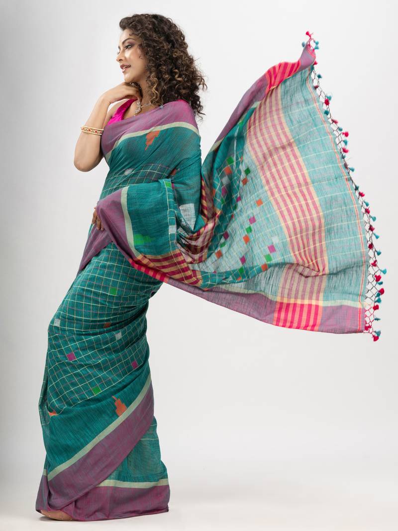 Teal cotton all body check and buti with pallu buti in solid broder handloom saree