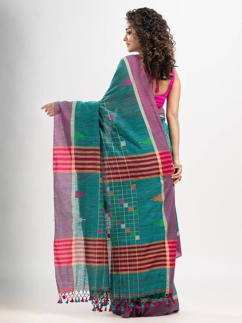 Teal cotton all body check and buti with pallu buti in solid broder handloom saree