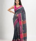 Steel grey cotton all body check and buti with pallu buti in solid broder handloom saree