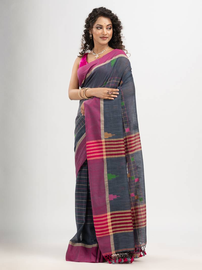 Steel grey cotton all body check and buti with pallu buti in solid broder handloom saree