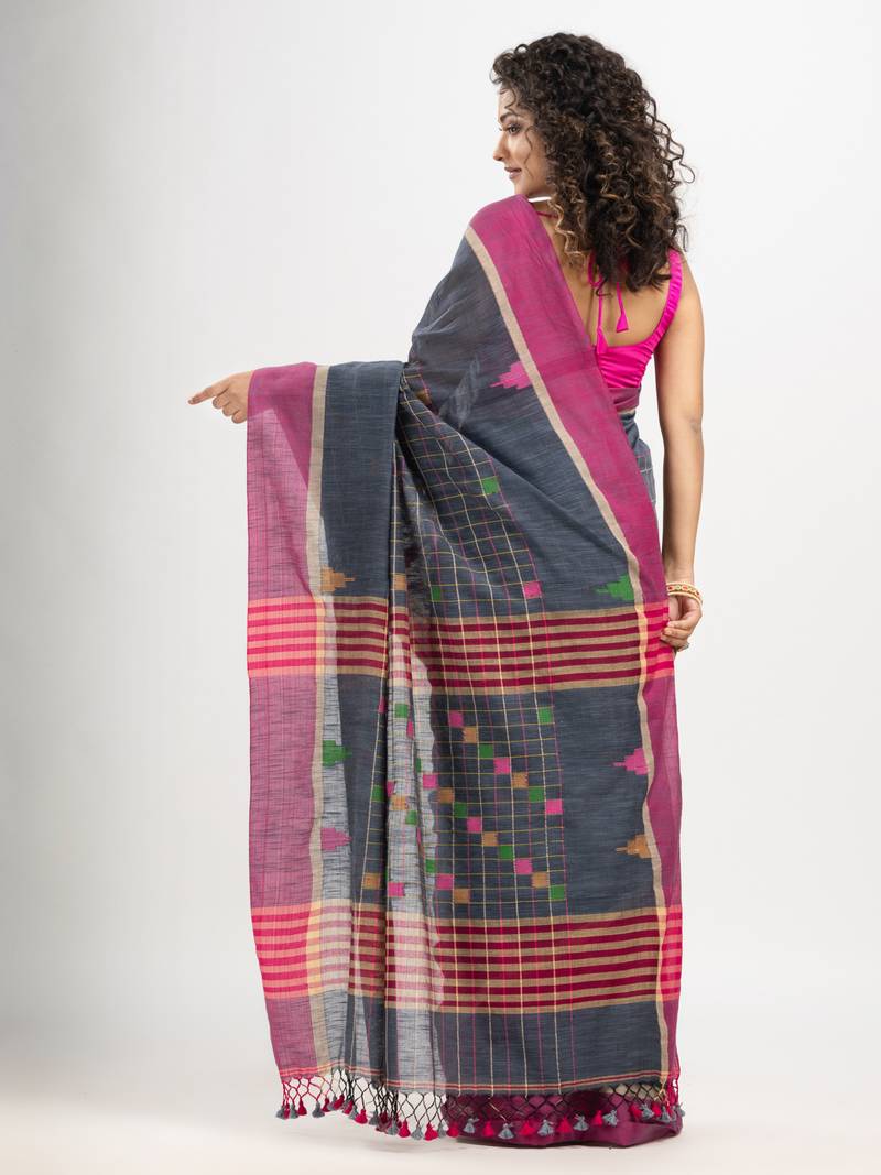 Steel grey cotton all body check and buti with pallu buti in solid broder handloom saree