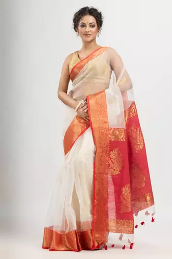 White art silk with pallu flower motives banarasi saree