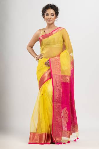 Bright Yellow art silk with pallu flower motives banarasi saree