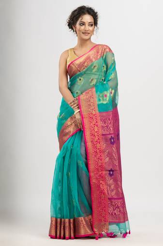Turquoise art silk all body flower motives banarasi saree