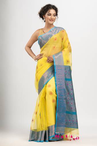 Yellow art silk all body flowers buti with pallu dimond motives banarasi saree