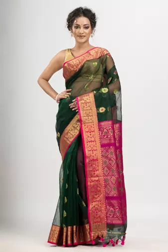 Bottle green art silk all body flowers buti with pallu dimond motives banarasi saree