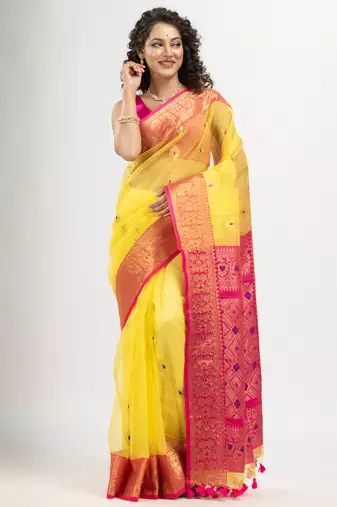 Bright Yellow art silk all body flowers buti with pallu dimond motives banarasi saree