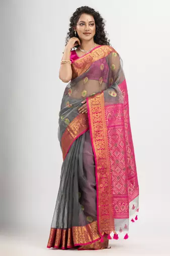 Grey art silk all body flowers buti with pallu dimond motives banarasi saree