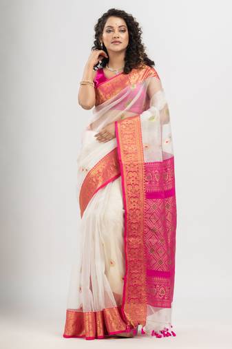 White art silk all body flowers buti with pallu dimond motives banarasi saree