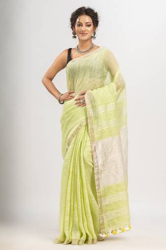 Light Green with silver zari pallu in silver zari border handwoven linen saree