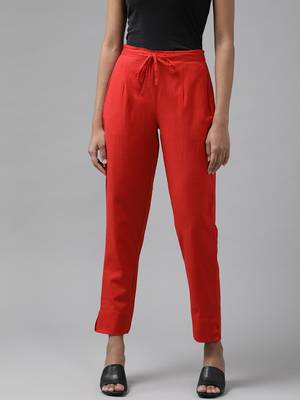  women red slim fit pure cotton trousers 1