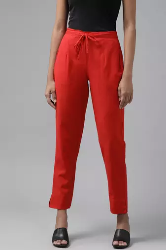 Yufta women red slim fit pure cotton trousers
