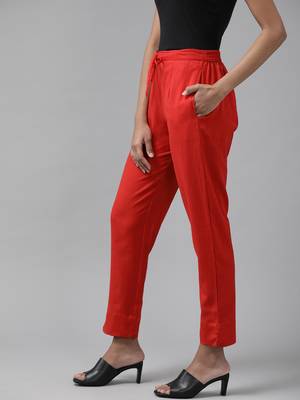  women red slim fit pure cotton trousers 2