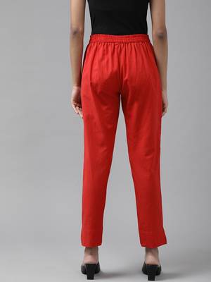  women red slim fit pure cotton trousers 3