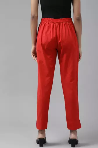  women red slim fit pure cotton trousers